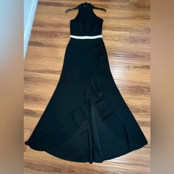 Black Halter Evening Gown w/ Rhinestone Crystal Belt – Formal Maxi Dress - Picture 4 of 7